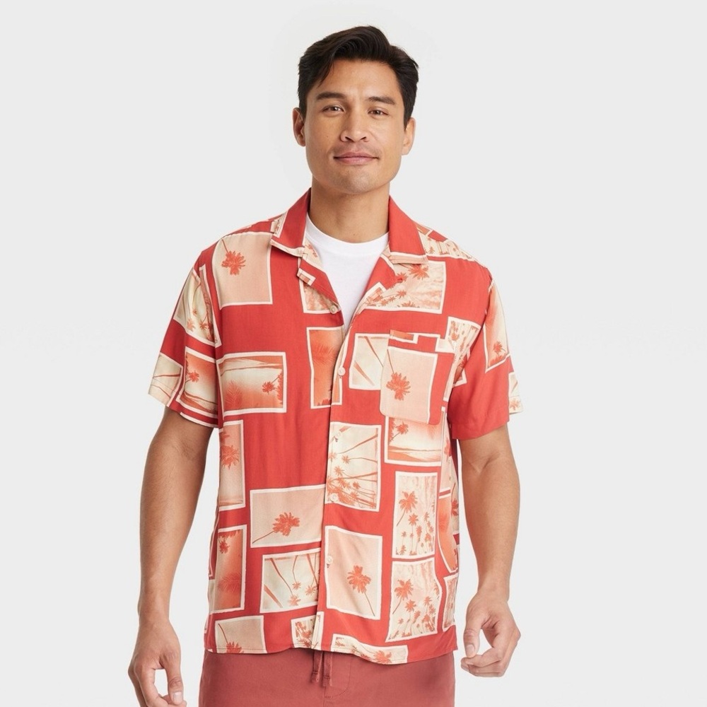 Men'sShort Sleeve Button-Down Shirt- Red Palms